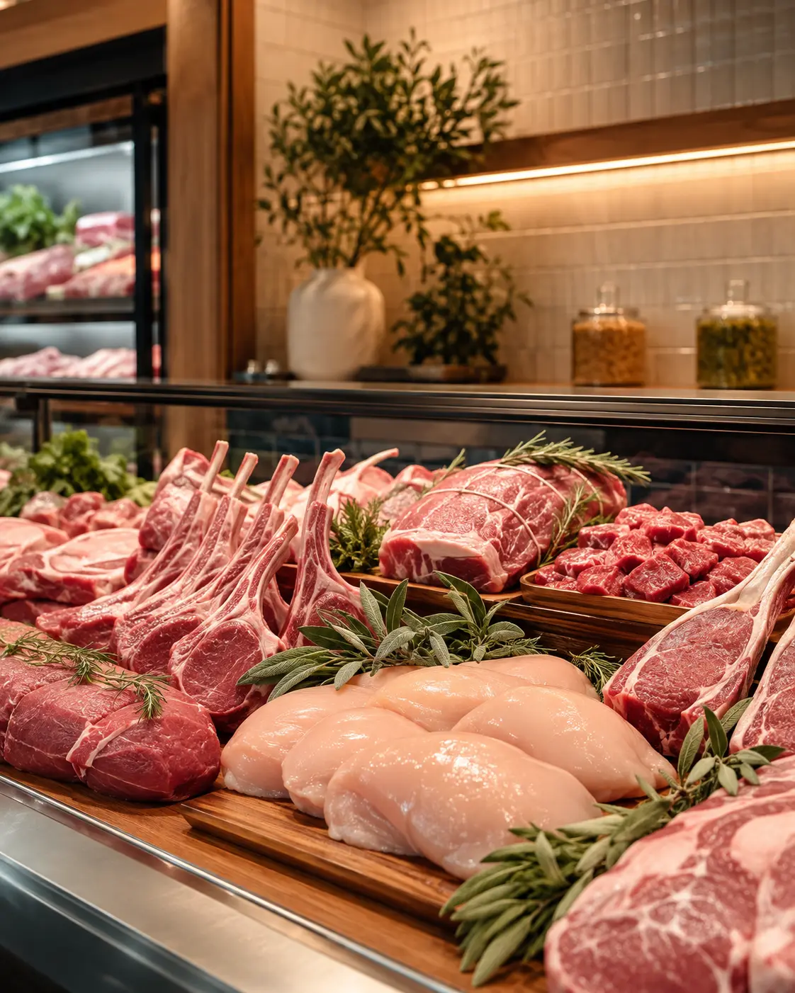 Fresh halal meat counter selection